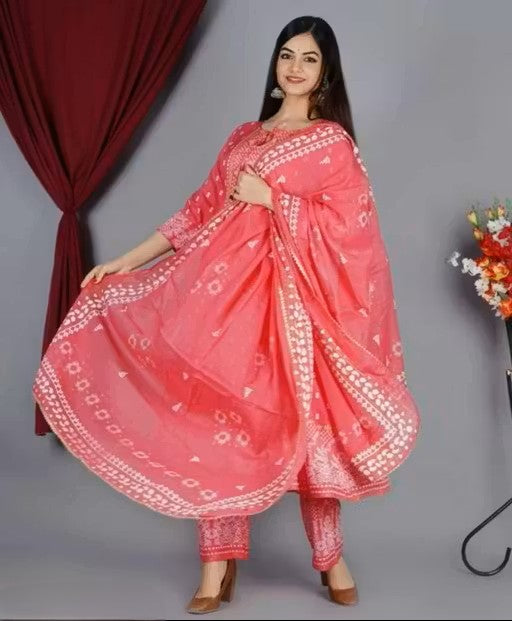 Women's Rayon Printed Anarkali Kurti with Pant and Dupatta Set