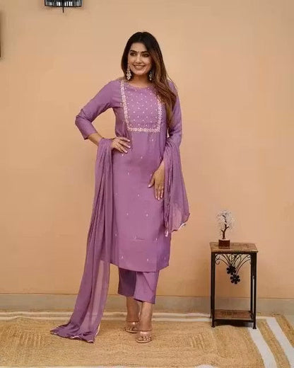 Women's Embroidered Work Kurti with Matching Pant & Dupatta Set