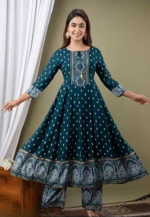 Women's Rayon Printed Anarkali Kurti with Pant and Dupatta Set