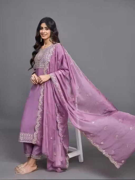 Women's Embroidered Silk Blend Calf Length Straight Kurta Pant With Dupatta