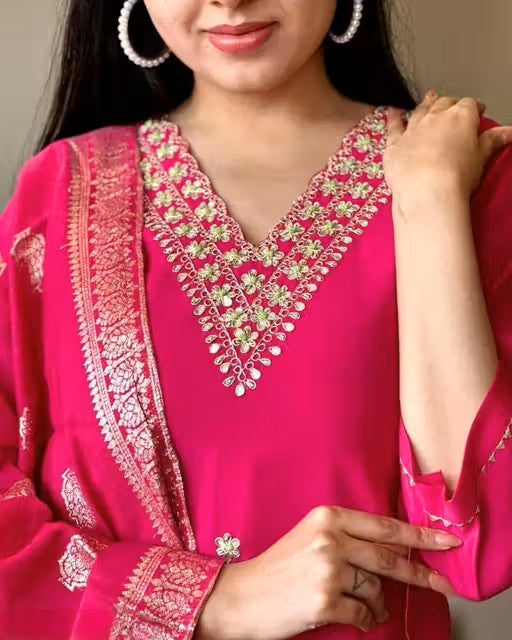 New Embroidery a-Line Kurti with Dupatta and Bottom Ware