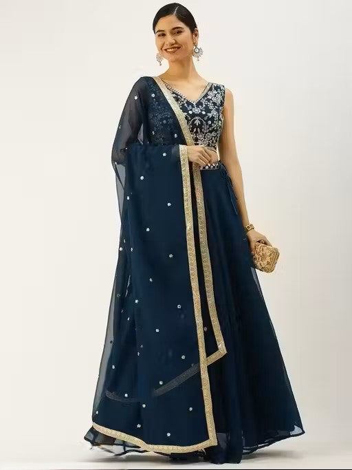 Embroidered Semi-Stitched Lehenga & Unstitched Blouse With Dupatta