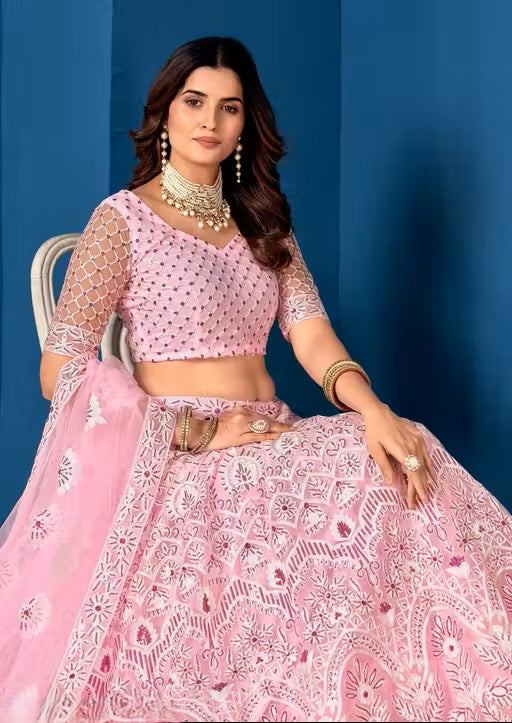 Embroidered Thread Work Semi-Stitched Lehenga & Unstitched Blouse With Dupatta