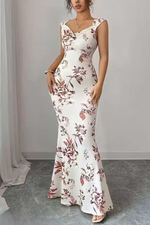 White Floral Print Mermaid Bodycon Maxi Dress