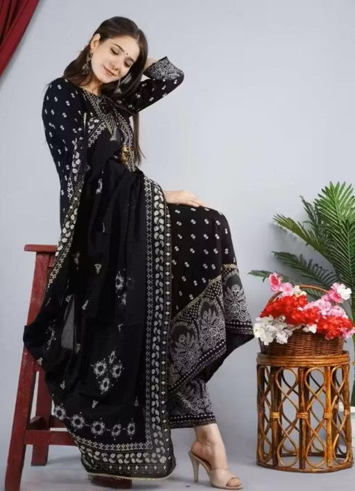 Women's Rayon Printed Anarkali Kurti with Pant and Dupatta Set