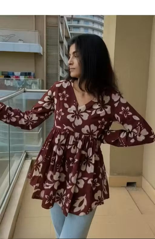 Rayon Flared Floral Print Wine Peplum Top