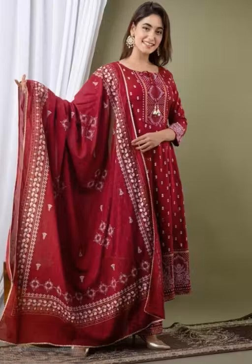 Women's Rayon Printed Anarkali Kurti with Pant and Dupatta Set