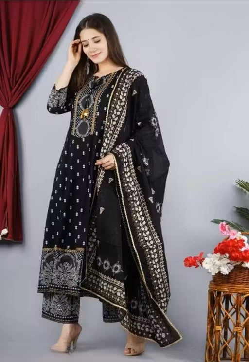 Women's Rayon Printed Anarkali Kurti with Pant and Dupatta Set