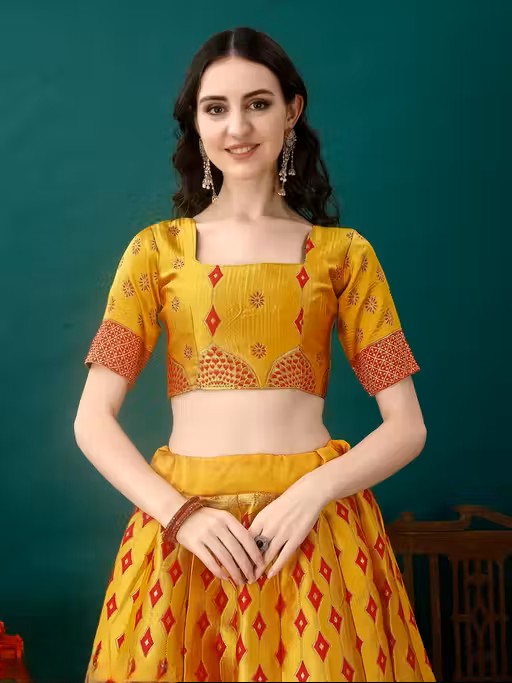 Yellow and Red Banarasi Silk Work Lehenega Choli with Dupatta