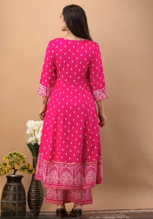 Women's Rayon Printed Anarkali Kurti with Pant and Dupatta Set
