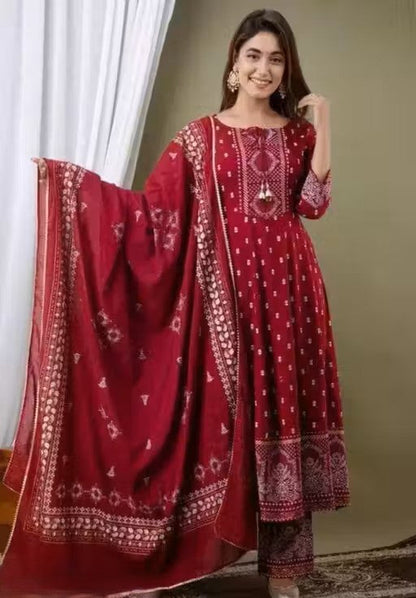 Women's Rayon Printed Anarkali Kurti with Pant and Dupatta Set