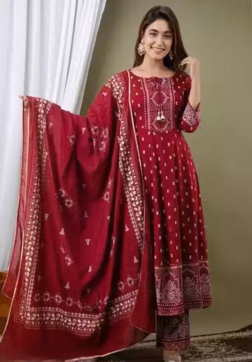 Women's Rayon Printed Anarkali Kurti with Pant and Dupatta Set