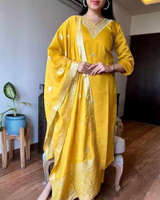 New Embroidery a-Line Kurti with Dupatta and Bottom Ware