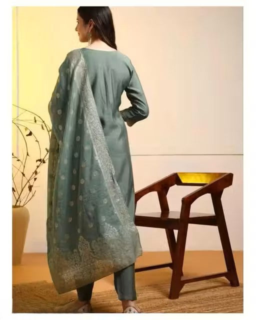 Fancy Reyon Slub Kurta Set With Dupatta