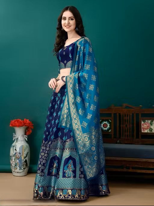 Navy Blue and Turquoise Banarasi Silk Work Lehenga Choli with Dupatta