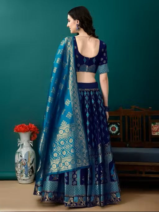 Navy Blue and Turquoise Banarasi Silk Work Lehenga Choli with Dupatta