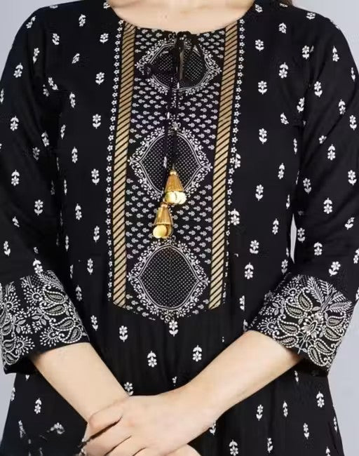 Women's Rayon Printed Anarkali Kurti with Pant and Dupatta Set