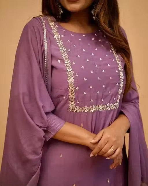 Women's Embroidered Work Kurti with Matching Pant & Dupatta Set