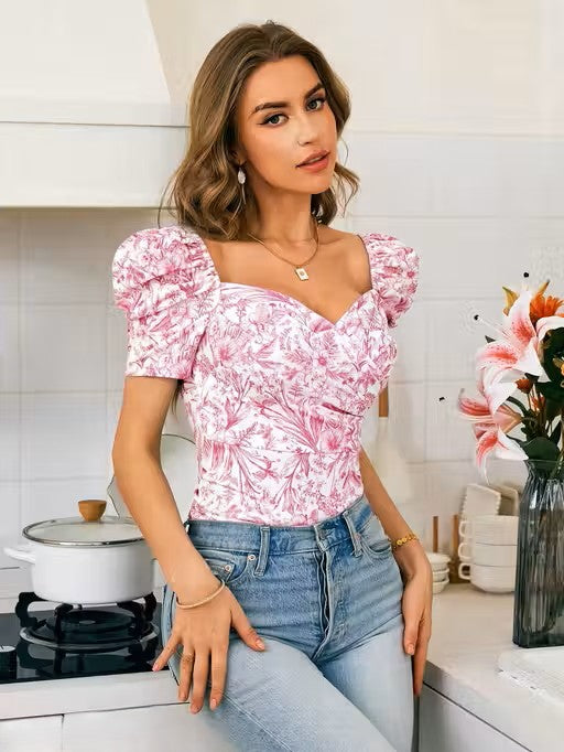 Trendy Pink Floral Print Western Top