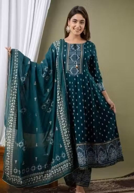 Women's Rayon Printed Anarkali Kurti with Pant and Dupatta Set