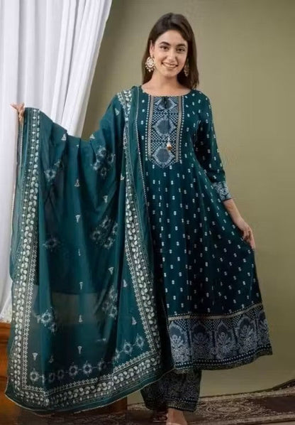 Women's Rayon Printed Anarkali Kurti with Pant and Dupatta Set