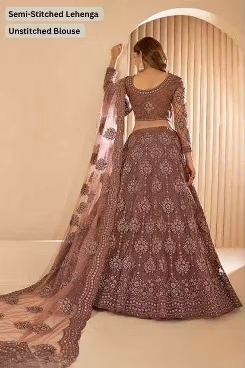 Net Embroidered Semi-Stitched Lehenga