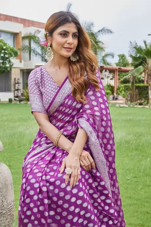 Georgette Wine Regal Zari Weaving Saree