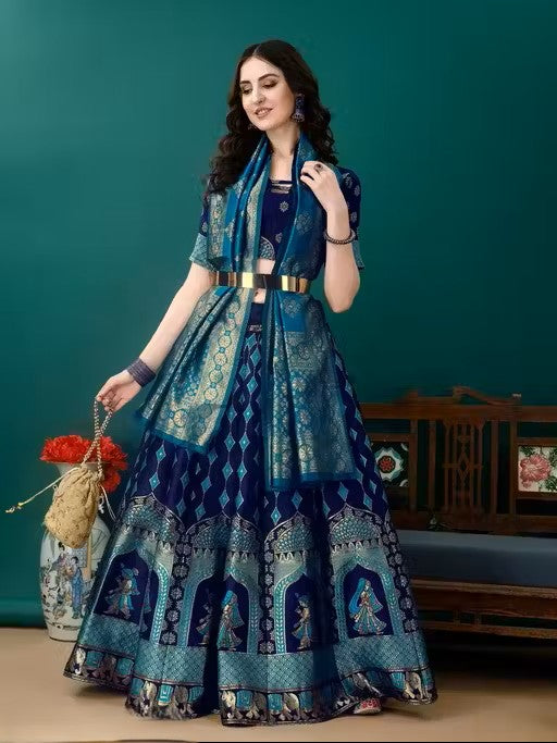 Navy Blue and Turquoise Banarasi Silk Work Lehenga Choli with Dupatta