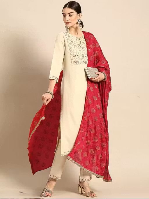 WOMEN OFF-WHITE KURTA WITH TROUSERS & DUPATTA