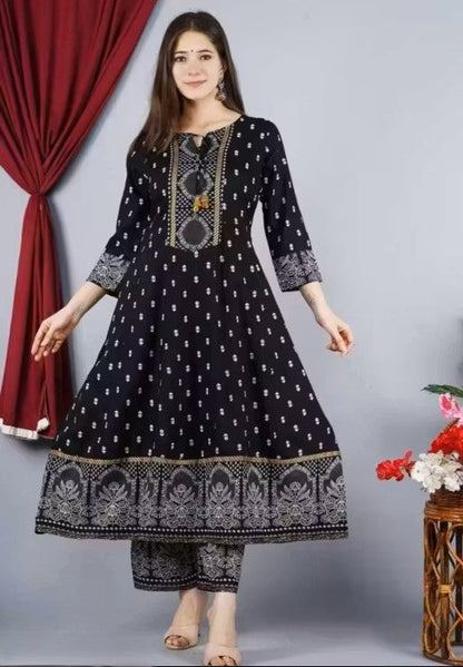 Women's Rayon Printed Anarkali Kurti with Pant and Dupatta Set