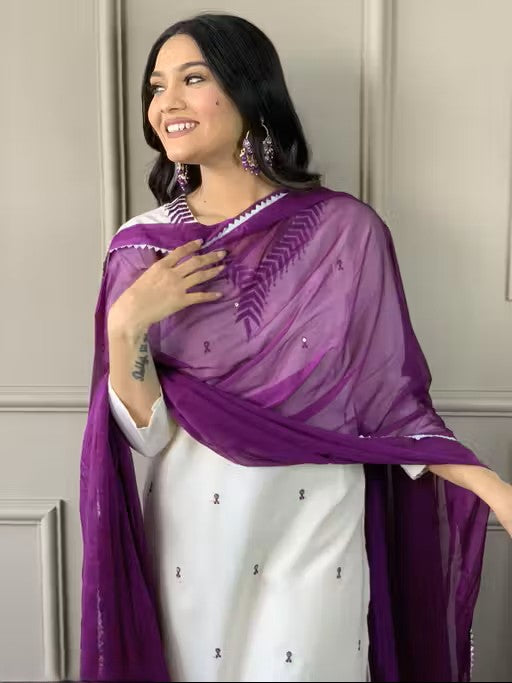 Women Embroidered Straight Kurta with Pants & Dupatta Set