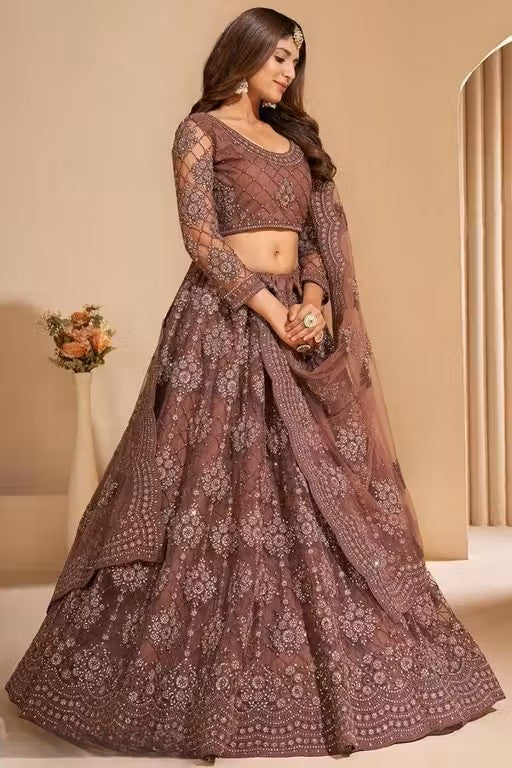 Net Embroidered Semi-Stitched Lehenga