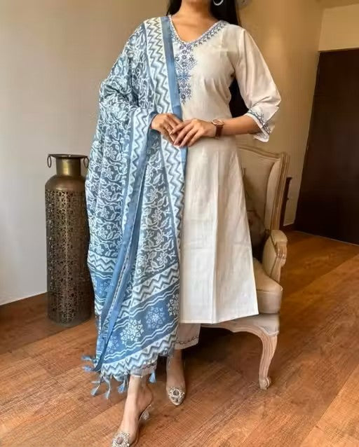 Womens Ethnic Embroidery Top Pant And Dupatta Set