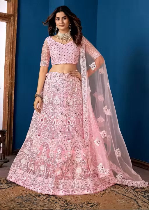 Embroidered Thread Work Semi-Stitched Lehenga & Unstitched Blouse With Dupatta