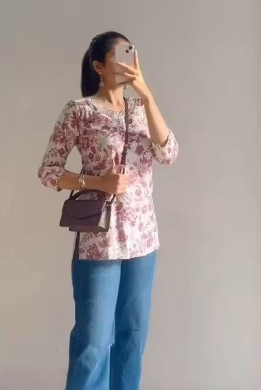 V-Neck Floral Printed Rayon short kurti