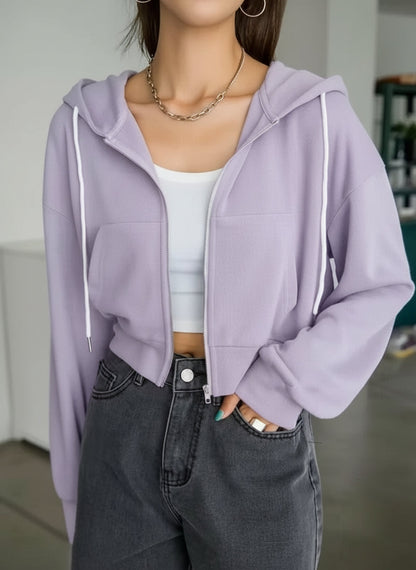 Women Crop Zipper Fleece Hoodie