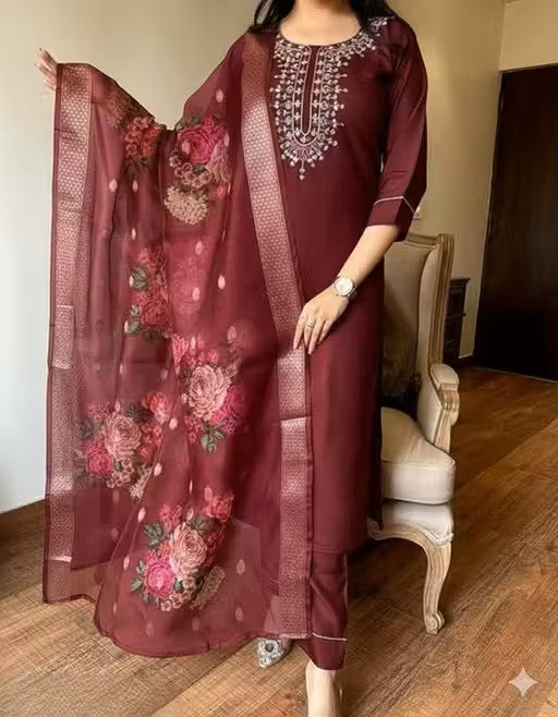 RAYON NECK EMROIDERY 3 PC SUIT FOR WOMAN FASHION