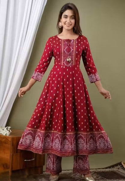 Women's Rayon Printed Anarkali Kurti with Pant and Dupatta Set
