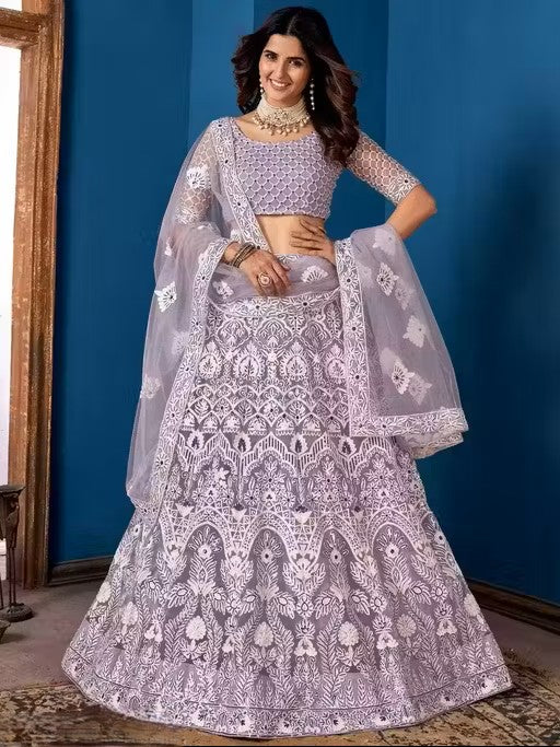 Embroidered Thread Work Semi-Stitched Lehenga & Unstitched Blouse With Dupatta