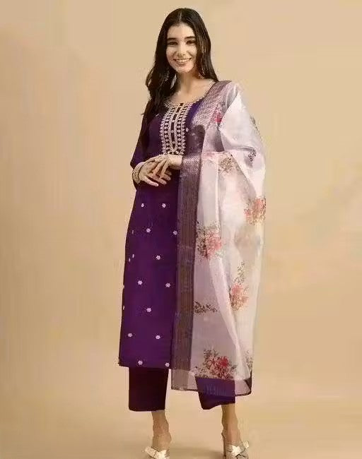 FANCY PURPLE KURTA SET WITH DUPATTA & PANT