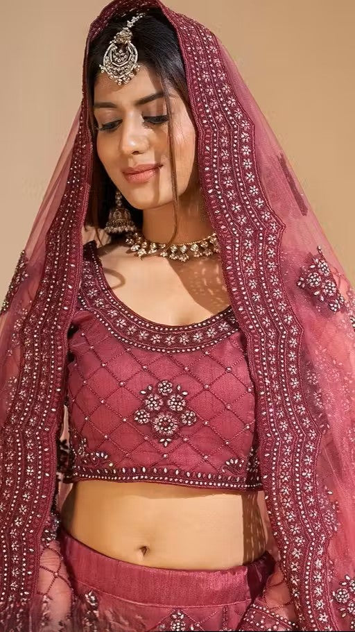 Net Embroidered Semi-Stitched Lehenga