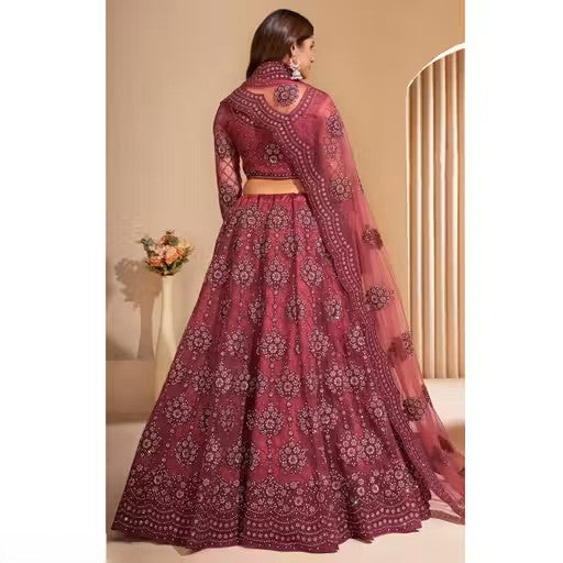 Net Embroidered Semi-Stitched Lehenga