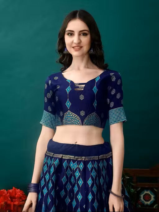 Navy Blue and Turquoise Banarasi Silk Work Lehenga Choli with Dupatta