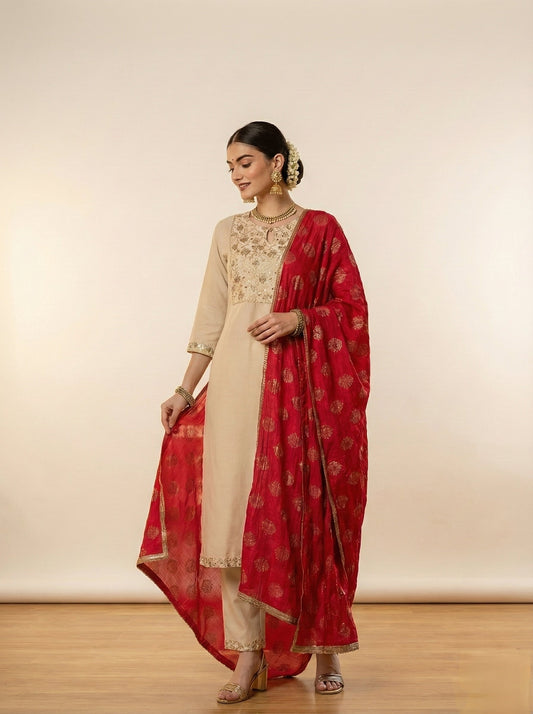 WOMEN OFF-WHITE KURTA WITH TROUSERS & DUPATTA