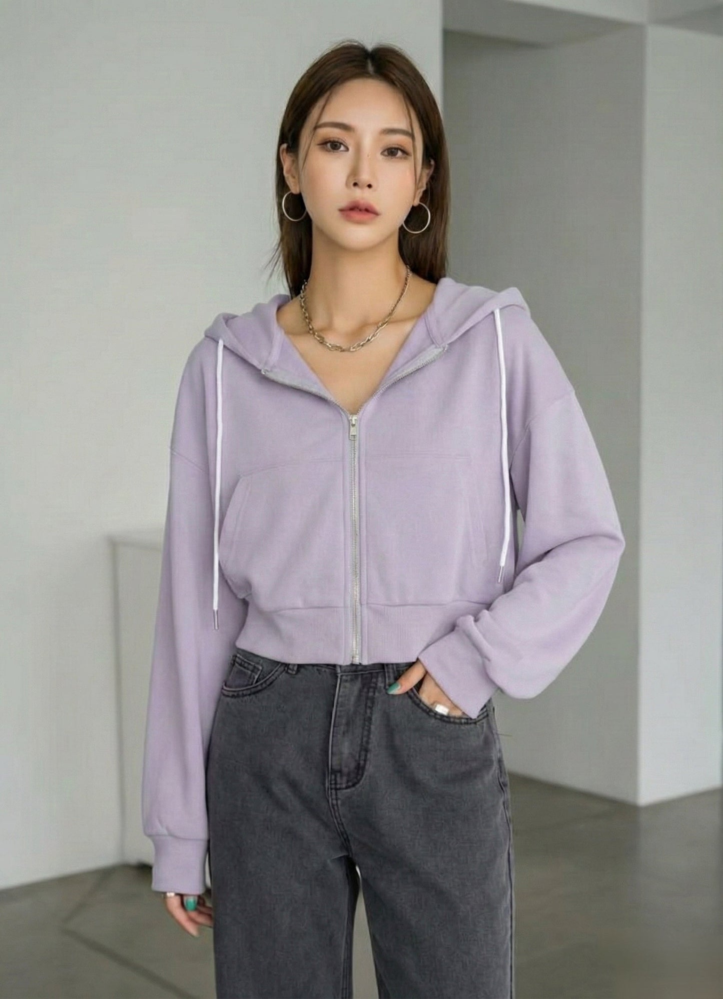 Women Crop Zipper Fleece Hoodie