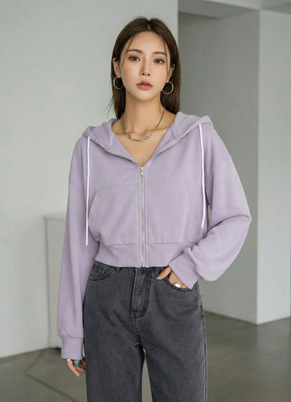 Women Crop Zipper Fleece Hoodie