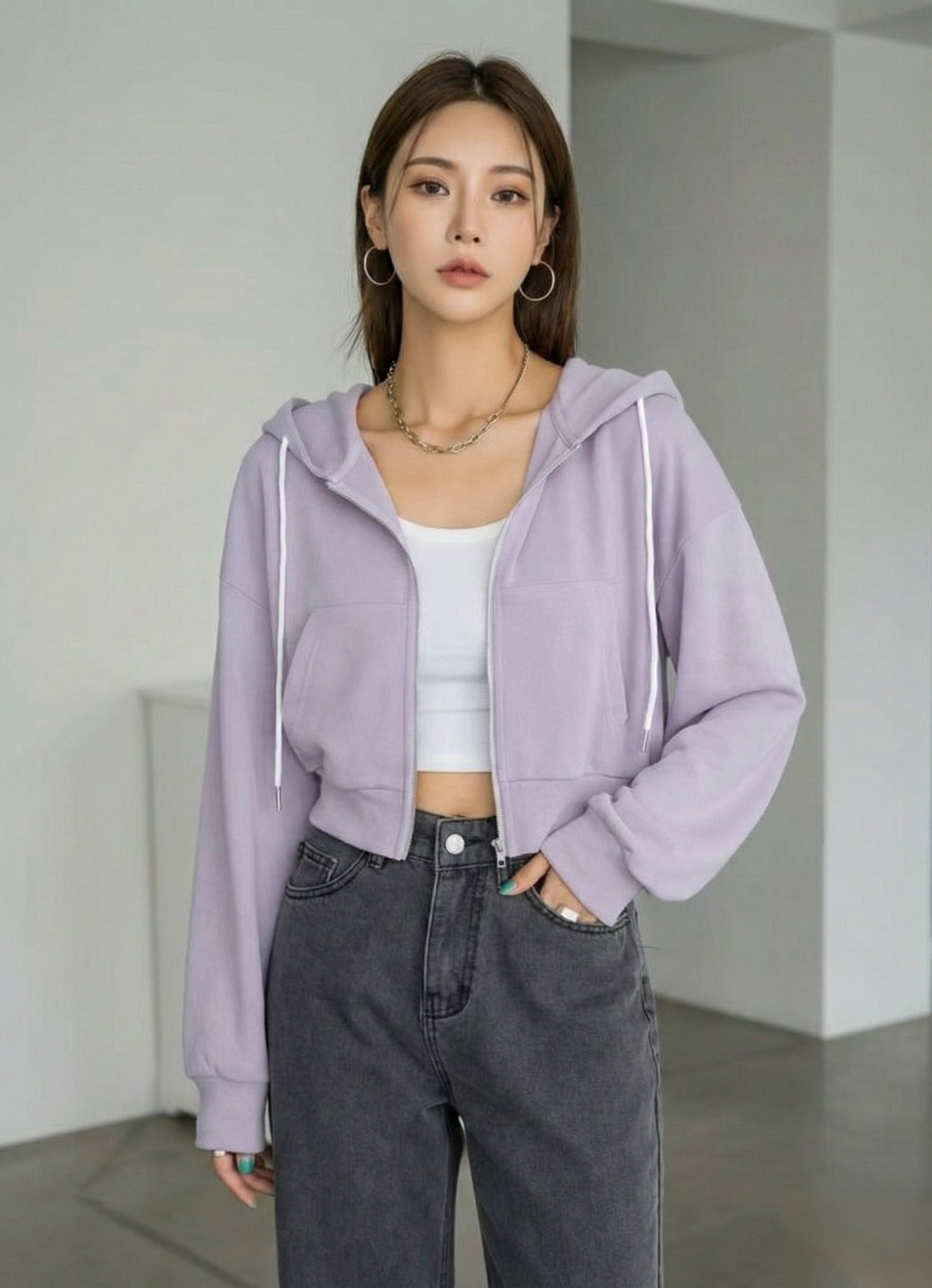 Women Crop Zipper Fleece Hoodie