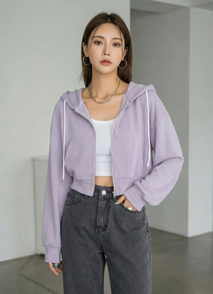Women Crop Zipper Fleece Hoodie