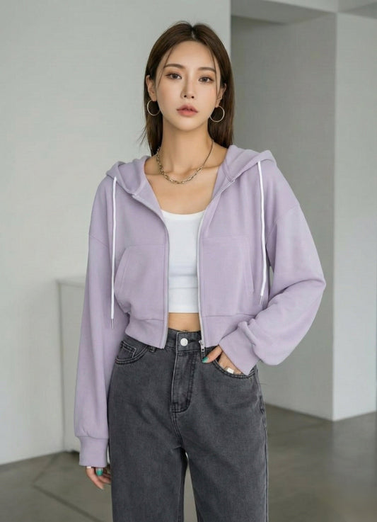 Women Crop Zipper Fleece Hoodie