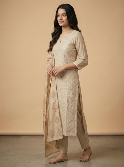 Women's Embroidered Kurta Pant Set With Dupatta